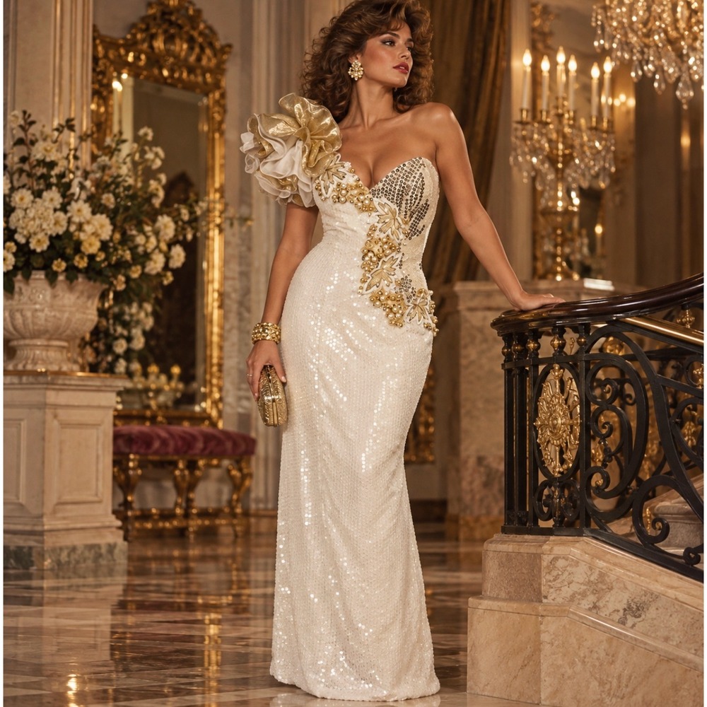 Vintage 80s Alyce Designs White Sequin Gold Beaded One Shoulder Gown Dress 10